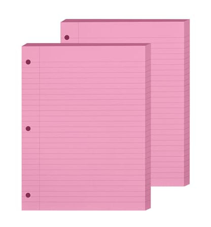 Loose Leaf Paper, 2 Pack 100 Sheets, Wide Ruled, 8" x 10.5", Reinforced Notebook Papers College Ruled, 3 Hole Punched, College Lined Filler Paper for 3 Ring Binder Notebook, School & Office, Pink - color: Pink 2