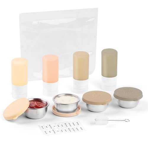 MICEBAY 8-Pack Salad Dressing Container To Go, 2-oz Silicone Small Condiment Squeeze Bottles and 1.6 oz Stainless Steel Sauce Containers Cups, Leakproof Condiment Containers with Lids for Lunch Box - color: Apricot, size: 2-oz