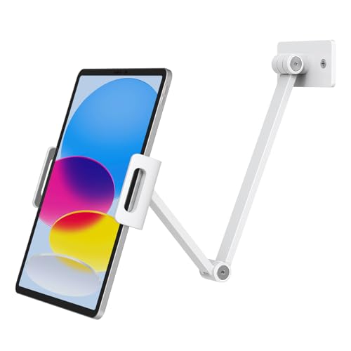 BEWISER Adjustable Tablet Wall Mount Holder, Swivel 360 Rotating, Compatible with 4.7-12.9 inch Devices, High-Grade Aluminium Alloy, White - color: White