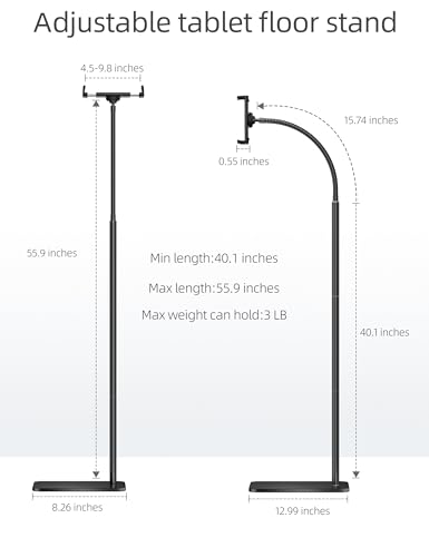 LanPavilion iPad Stand, Adjustable Tablet Floor Stand Metal Tablet Holder with Flexible Gooseneck, Compatible with iPad, Kindle, and Cell Phones (4.7''-13''), Ideal for Hands-Free Use