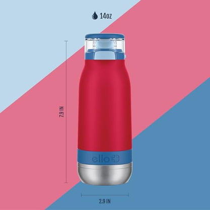 Ello Emma 14oz Insulated Stainless Kids Water Bottle with Straw, Red Splash | Insulated stainless steel kids water bottle with straw, leakproof locking lid, carry handle, and cold drinks for school - color: Red Splash
