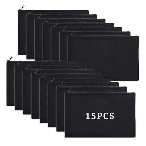 15PCS Blank DIY Canvas Zipper Bags Pencil Pouch Makeup Bags Bulk，6.9×9Inch Large-Capacity Multi-Purpose Toiletry Bag Pencil Case Portable Travel Storage Bag - color: 15pcs Black