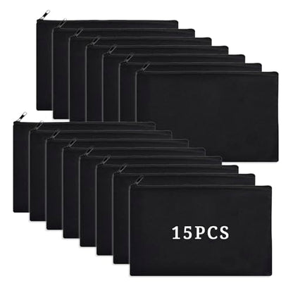 15PCS Blank DIY Canvas Zipper Bags Pencil Pouch Makeup Bags Bulk，6.9×9Inch Large-Capacity Multi-Purpose Toiletry Bag Pencil Case Portable Travel Storage Bag - color: 15pcs Black