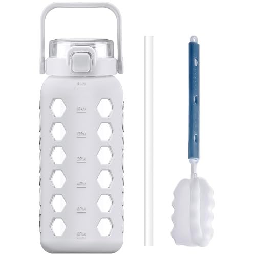 MUKOKO Half Gallon/64 oz Glass Water Bottles with Straw and Lid,Motivational Water Jug with Time Marker Reminder and Silicone Sleeve,100% Leakproof BPA Free Fitness Sports Large Bottle-White - color: White, size: 64 Ounces
