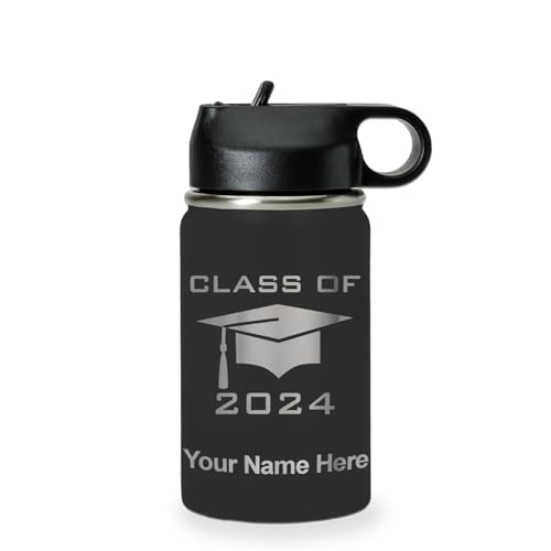 LaserGram Personalized Water Bottle, Grad Cap Class of 2023, 2024, 2025, 2026, 2027, Stainless Steel Double Wall Vacuum Insulated with Flip Top Straw, Custom Engraved Gift (12oz / 335ml Black) - color: Black, size: 12 Ounces