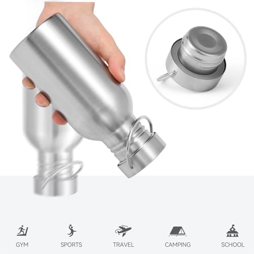 Volhoply 16oz Stainless Steel Water Bottle with Handle 4 Pack,Non Insulated Single Wall, No Plastic 18/8 304 Metal Water Bottles with Wide Mouth for Camping, Hikers, Cyclists - size: 16 Ounces