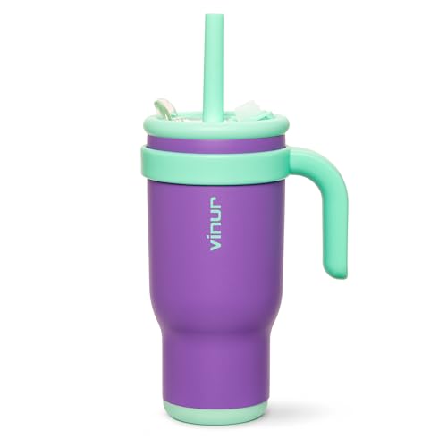 VINUR Kids Insulated Tumbler with Lid and Straw 17 oz-Spill Proof& Leak Resistant-Stainless Steel Vacuum Tumbler Travel Mug with Handle & Silicone Base-Cup Holder Friendly, Purple - color: Purple, size: 17 Ounces
