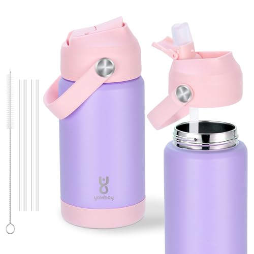 Kids Insulated Water Bottle with Straw Lid & Silicone Handle,12oz Kids Leak Proof Water Bottle for School Boys Girls,Double Wall Vacuum Stainless Steel with Non-slip Silicone Base(Light Purple) - color: Light Purple, size: 12 Ounces