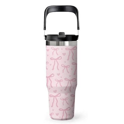 Pink Bow Tumbler 30oz with Handle – Stainless Steel Insulated Cup, Leakproof Water Bottle with Cute Bow Design for Women & Girls, Perfect Birthday Christmas Gift - color: Pink Bow, size: 30 Ounces