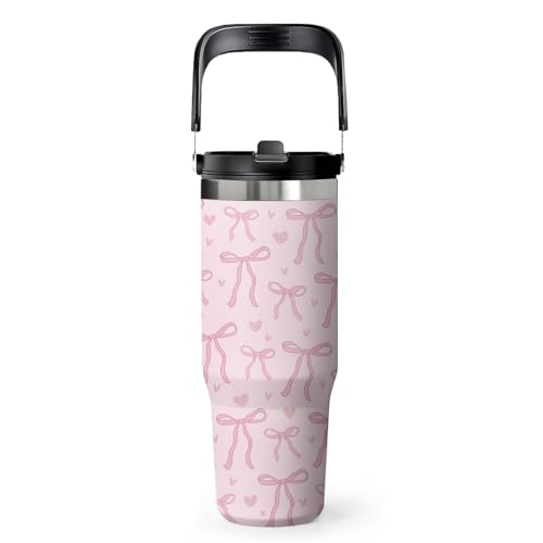 Pink Bow Tumbler 30oz with Handle – Stainless Steel Insulated Cup, Leakproof Water Bottle with Cute Bow Design for Women & Girls, Perfect Birthday Christmas Gift - color: Pink Bow, size: 30 Ounces
