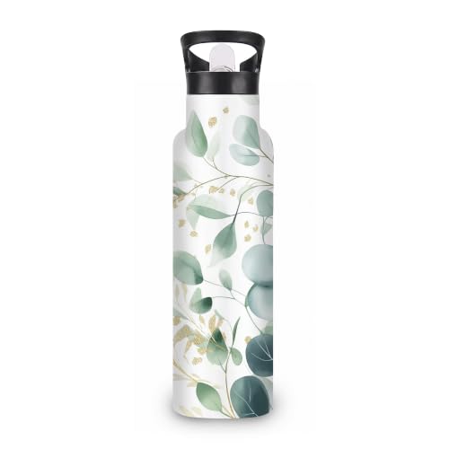 Eucalyptus Insulated Water Bottle with Straw 20 oz,Gold Foil Stainless Steel Leak Resistant Double Wall Water Bottles with Handle for Gym Sports Travel Outdoor - color: Eucalyptus,Gold Foil