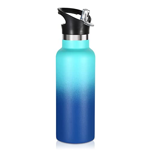 Volhoply 17oz Kids Insulated Water Bottle,Stainless Steel Water Bottles with Straw Lid,Reusable Metal Cups Water Bottle,Double Wall Vacuum Sports School Water Flask Keep Cold(Green Blue,1 Set) - color: Green Blue