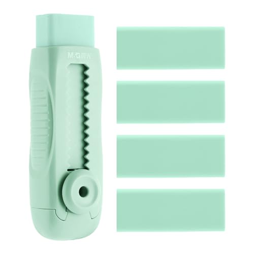 M&G 4+1 Pack Rubber Erasers Sliding Retractable Eraser, Soft Cute Erasers Push Pull Large Pencil Eraser with Plastic Sleeve 4 Refill Eraser for Students Kids, School Office Home Supplies (Green) - color: Green