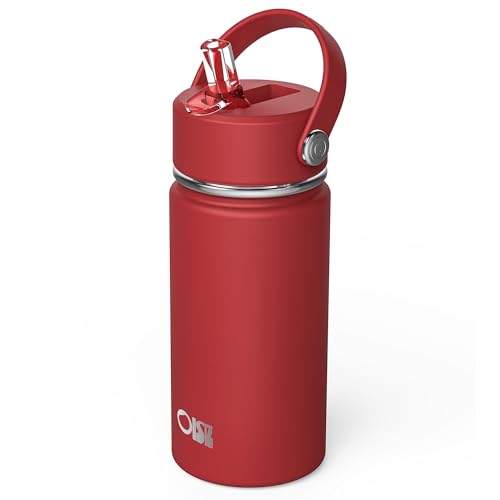 OISIZ Kids Water Bottle with Straw Lid 14oz, Vacuum Insulated 316 Stainless Steel Water Bottles for Kids for School, Leakproof Water Bottle, BPA Free and Keep Cold for 24 Hours - color: Red, size: 14 Ounces