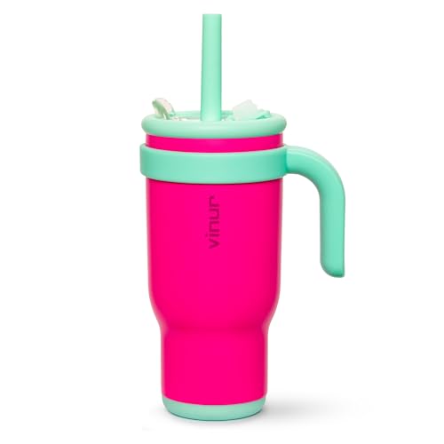 VINUR Insulated Tumbler with Handle 17 oz Stainless Steel Double Wall Vacuum Tumbler Travel Water Cup with Lid and Straw(Rose Pink) - color: Rose Pink-Teal, size: 17 Ounces