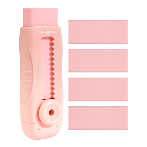 M&G 4+1 Pack Rubber Pink Erasers Sliding Retractable Eraser, Soft Cute Erasers Push Pull Large Pencil Erasers with Plastic Sleeve 4 Refill Eraser for School Students Kids Office Home Supplies - color: Pink