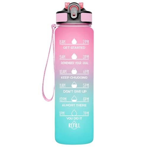 32 oz Motivational Water Bottle with Time Marker,Water Bottles with Times to Drink and Straw with Carrying Strap,Perfect For Fitness Gym Outdoor,BPA Free (Pink & Blue Gradient) - color: Pink & Blue Gradient