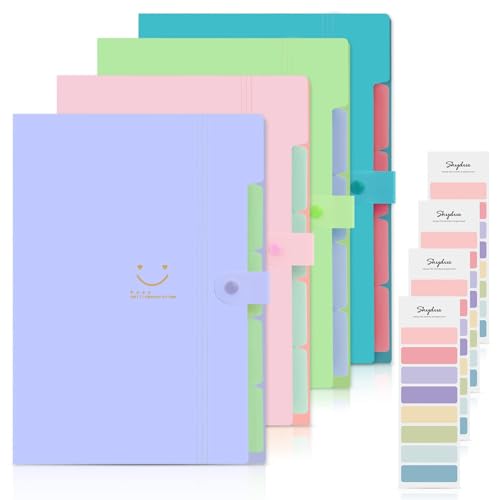 SKYDUE 4 Packs Expanding File Folder with 32 Labels,5 Pockets A4 Letter Size Accordion Folder Paper Organizer for School and Office - color: Purple