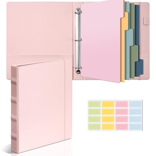 Pink 3 Ring 1 inch PU Leather Professional Binder Organizer with Dividers Suitable for 8.5 x 11 Letter Size Paper Cute Loose Leaf Binder with Pocket for School Work - color: Pure Pink