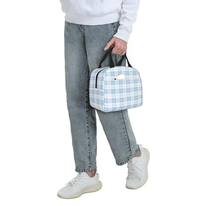 Lunch Bag Plaid Pastel Blue White Insulated Lunch Box Reusable Cooler Tote for Adults Student Girl Boy Work Office School Picnic Over 3 Years Old - color: B0386