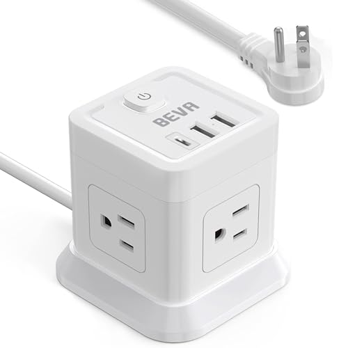 BEVA Power Strip with USB - 10ft Long Extension Cord with 4 Widely Spaced Outlets and 3 USB Ports Cube Desktop Charging Station, Overload Protection for Travel, Cruise Ship and Dorm ETL Listed - color: White, size: 10ft