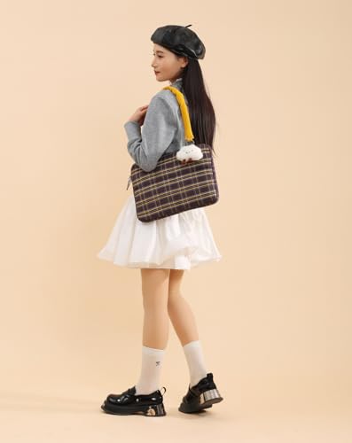 Puffy Quilted Laptop Sleeve 13-15 Inch Cute Plaid Laptop Case with Handle Grid Pattern Soft Protective Laptop Bag for Macbook - color: Brown