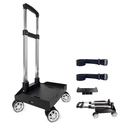 Backpack Trolley Wheeled Cart, Foldable Aluminium Alloy Hand Truck with Edge Guard Base, 4 Spinner Wheels, Luggage Cart with Luggage Strap for Teenagers, Adults, School,Luggage Trolley for Travel - size: 4 Wheels with Edge Guard Base
