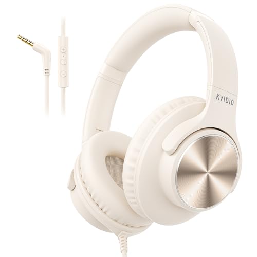KVIDIO Wired Headphones with Mic, Volume & Playback Control, Over-Ear Foldable Headphones, 3.5mm Plug, 90° Swivel Ear Cups, 4.9ft Tangle-Free Cord for Tablet, Laptop, PC, School, Travel (Beige) - color: Beige