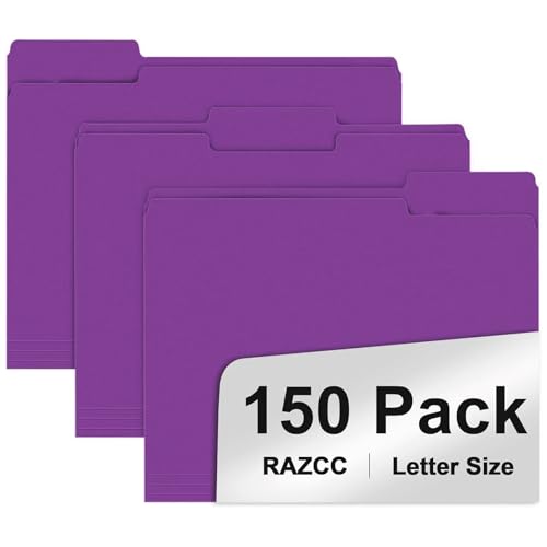File Folder, RAZCC 150 Pack 1/3 Cut Tab File Folders Letter Size, Purple, Folders, Folders with Tab, Great for Organizing and Easy File Storage - color: Purple