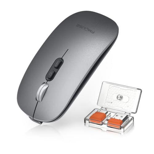 FMOUSE Slim Wireless Mouse, Tri-Mode 2.4G & Bluetooth, Rechargeable – Grey | USB-A & USB-C Receiver | Silent Click | One-Key Desktop | Works with Mac, iPad & Laptops | Long-Life Battery | Portable - color: Grey