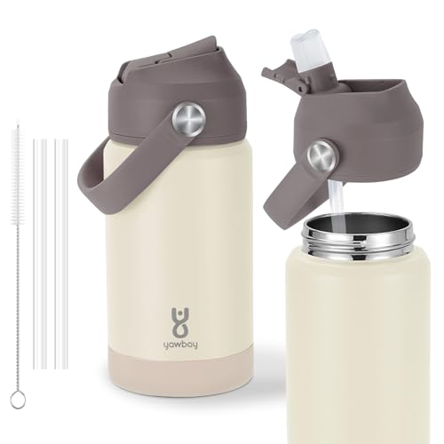 Kids Insulated Water Bottle with Straw Lid & Silicone Handle,12oz Kids Leak Proof Water Bottle for School Boys Girls,Double Wall Vacuum Stainless Steel with Non-slip Silicone Base(Beige) - color: Beige, size: 12 Ounces