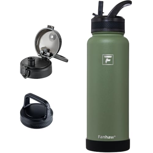 Fanhaw 40 oz Insulated Water Bottle – Stainless Steel Flask with 3 Lids (Straw, Chug, Carabiner) | Durable, Leakproof, for Hiking, Camping, Outdoor Adventures & Travel (Olive Green) - color: Olive Green, size: 40 Ounces