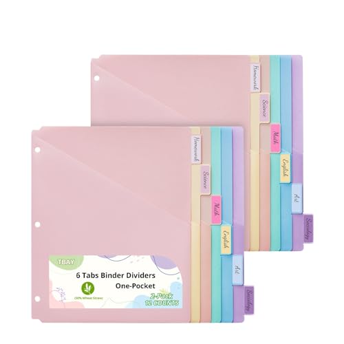 6-Tab Letter Size Dividers for 3 Ring Binder, Wheat Straw Binder Dividers with One Pocket, 6 Pastel Colors, Perfect for School, Office Supplies (2) - color: Pastel Color, size: 2-Pack