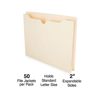 Staples Jacket File Folders, Letter Size, Manila, 2‑Inch Expandable Sides, Heavy‑Duty Construction – 50/Pack - style: 50 Pack