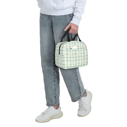 Lunch Bag Daisy Pastel Green Check Plaid Insulated Lunch Box Reusable Cooler Tote for Adults Student Girl Boy Work Office School Picnic Over 3 Years Old - color: B0383