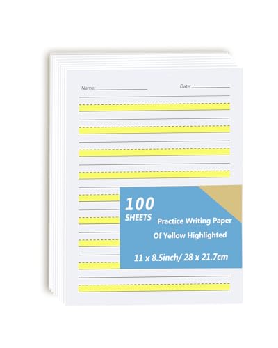 Write Beginner Paper Level 1, Writing Paper with Lines and Yellow Highlighted Practice Writing Papers for Kids Proper Letter Positioning, 100gsm Paper, 11 x 8.5'', 100 Sheets - size: 100 Sheets