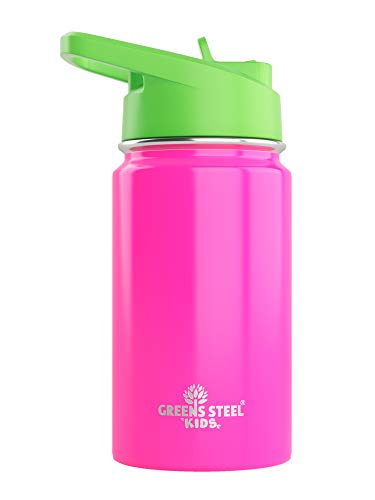 Kids Water Bottle - 12oz Pink | Leak Proof With Straw & Handle | 24 Hours Cold | Insulated, Double Wall Stainless Steel | Easy Sip Toddler Cup | Child's Flask | Eco Friendly - color: Pink