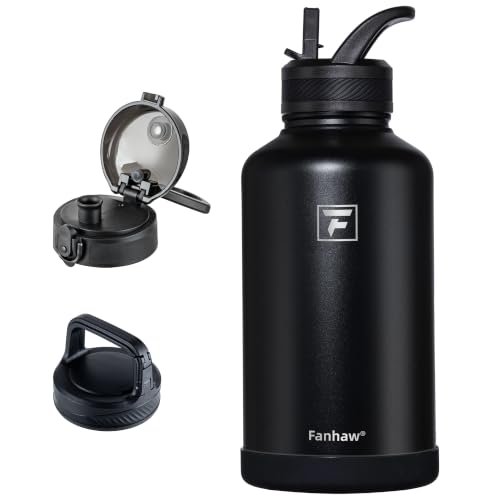 Fanhaw 64 oz Insulated Water Bottle – Large Stainless Steel Jug with 3 Lids (Straw, Chug, Carabiner) | Heavy-Duty, for Camping, Backpacking, Long Hikes & Outdoor Work (Black) - color: Black, size: 64 Ounces