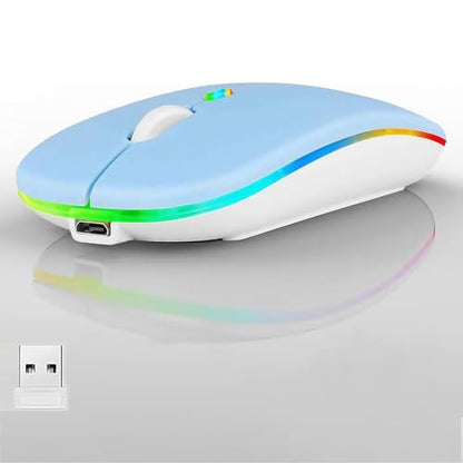 LED Wireless Mouse, Slim Silent Dual-Mode 2.4G+BT Rechargable 7-Color Portable Mobile Optical Office Mouse with USB Receiver, 3 Adjustable DPI Levels for Notebook, PC, Computer, MacBook (Blue) - color: Blue