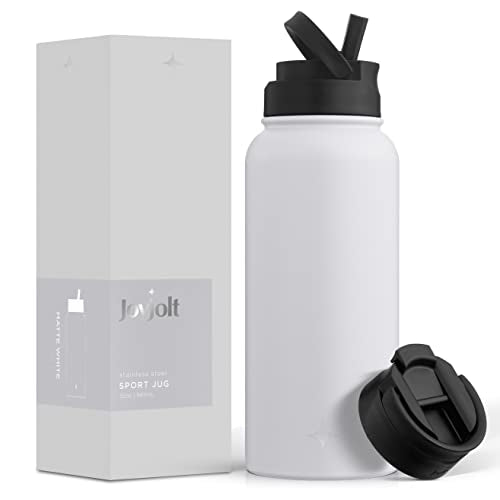 JoyJolt Triple Insulated Water Bottle with Straw Lid AND Flip Lid! 32oz Large Water Bottle, 12 Hour Hot/Cold Vacuum Insulated Stainless Steel Bottle. BPA-Free Leakproof Water Bottles - Thermos Bottle - color: Matte White, size: 32 Ounces
