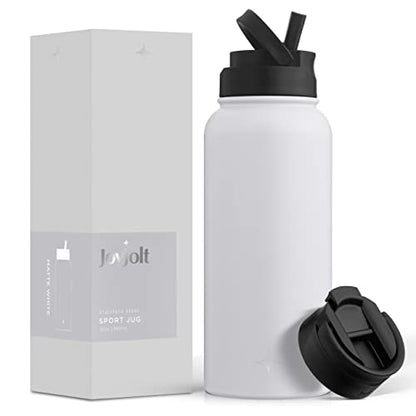 JoyJolt Triple Insulated Water Bottle with Straw Lid AND Flip Lid! 32oz Large Water Bottle, 12 Hour Hot/Cold Vacuum Insulated Stainless Steel Bottle. BPA-Free Leakproof Water Bottles - Thermos Bottle - color: Matte White, size: 32 Ounces