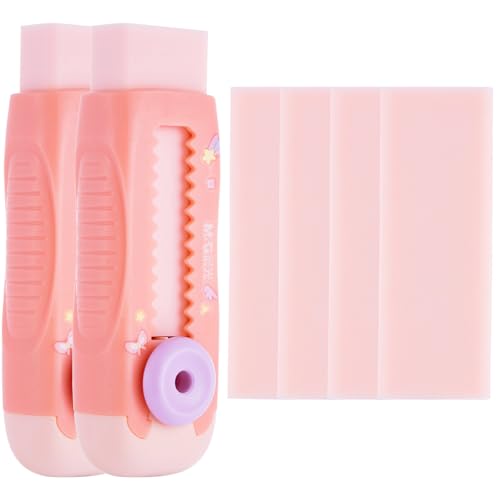 M&G 2+4 Pack Rubber Erasers Sliding Retractable Eraser, 2 Pack Cute Erasers Push Pull Large Pencil Eraser with Plastic Sleeve and 4 Refill Erasers for Students, School Office Supplies (Pink Unicorn) - color: Pink Unicorn
