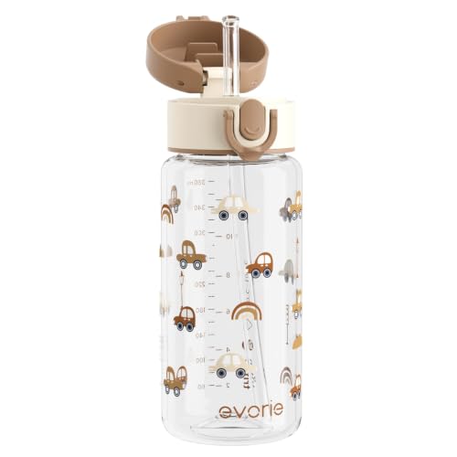 Evorie Tritan Kids Water Bottle with Straw, 13oz BPA-Free Leak-Proof Drinking Bottle for School & Travel, Lightweight Clear Water Bottle, Dishwasher Safe, for Kids Ages 3+ (Choco Car) - color: Choco Car