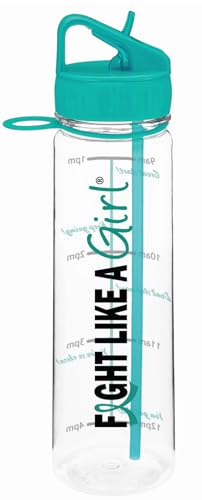 Fight Like a Girl Hybrid SlimKim 30 oz Motivational Water Bottle with Time Marker & Straw for Ovarian Cancer, PCOS, PTSD Awareness - Reusable Clear Water Bottle for Workout, Gym, Travel - Teal - color: Teal