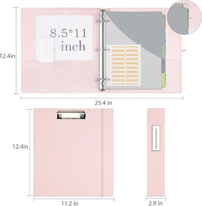 Leather 3 Ring Binder, 2 Inch Binders with Clipboards, 5-Tabs Pockets Dividers, 18 Divider Stikers, Plastic Folder, Pen Holder, Three Ring Binder with Pen Holder(Pink, Letter Size) - color: Pink, size: 2in（Letter Size）