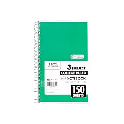 Mead 3-Subject Notebooks, 5.5" x 9.5", College Ruled, 150 Sheets, Assorted Colors, 12/Carton