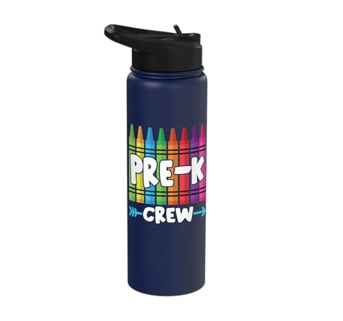 Pre-K Crew Cute Preschool Crayon School Field Day Trip 2025 Stainless Steel Insulated Water Bottle - color: Navy Blue