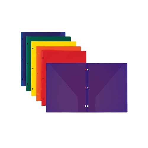 Samsill Durable Plastic Folders 3 Hole Punch, 6 Pack Assorted Colors, 2 Clear Pockets, Used for Office and School Supplies - size: 6 Pack