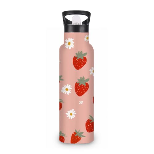 Strawberry Daisy Insulated Water Bottle,Floral Pink Stainless Steel Water Bottles 20 oz with Straw Lid,Leak Resistant Double Wall Insulated Flask with Handle for Travel Outdoor Gym - color: Strawberry Daisy,Floral Pink