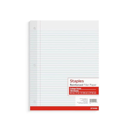 STAPLES Reinforced Filler Paper, 8.5” x 11”, College Ruled, 100 Sheets/Pack, 12‑Pack - size: 8.5'' x 11'', style: 1,200 Sheets